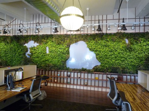 indoor green wall art with maps